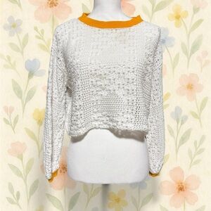 Free People Home Run Sweater XS – White Textured Knit with Mustard Trim